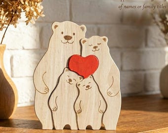 Custom Bear Family Puzzle, Personalized Wooden Name Engraved Gift, 2-6 Members Figurine, Grandparents Day Keepsake, Woodland Nursery Decor