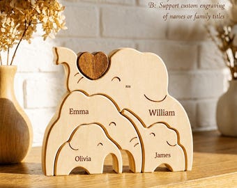 Custom Elephant FamilyPuzzle,Personalized Wooden Name Engraved Gift,2-5 Members Figurine,Rustic Housewarming Keepsake,Grandparents Day Decor
