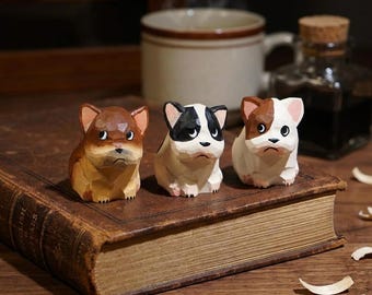 Hand Carved Wooden French Bulldog Statue, Grumpy Dog Figurine, Desk Pet Memorial (4cm)