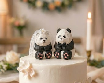 Hand-Carved Panda Wedding Cake Topper, Rustic Woodland Couple Statue