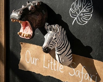 Chubby Hippo Fridge Magnet, Cute Wooden Zebra Magnet, Safari Locker Decor, Hand Carved Jungle Animal Gift for Kids, Rustic Kitchen Decor