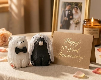 5th Wood Anniversary Gift for Wife, Wooden Wedding Guest Book Table Decor Bear Figurine, Custom Proposal Ring Bearer Marriage Keepsake