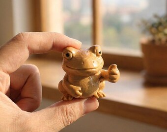 Hand Carved Wooden Frog Figurine, Whimsical Miniature Animal, Cottagecore Desk Decor