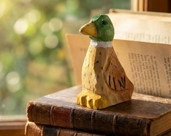 Hand-Carved Wooden Duck Figurine, Nordic Style Miniature Mallard, Sustainable Wood Home Decor