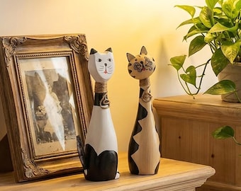 Handmade Wooden Cat Figurine Set, Nordic Wooden Cat Statue, Quirky Cat Lover Gift, Folk Art Cat Sculpture, Aesthetic Home Shelf Decor