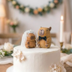 Könnte beinhalten: Eine weiße Hochzeitstorte mit zwei geschnitzten Holzfiguren als Tortenaufsatz. Eine Figur trägt einen Schleier, die andere eine schwarze Fliege. Der Hintergrund zeigt Kerzen und Blumenschmuck, was eine festliche Atmosphäre schafft.