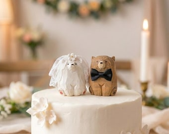 手作りの木製動物ウェディングケーキトッパー - カスタムクマ、ネコ、またはイヌの新郎新婦フィギュア - 素朴なパーソナライズされたカップルギフト