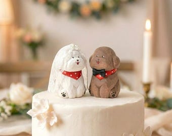 Custom Wooden Dog Wedding Cake Topper, Bichon Bride Teddy Groom Figurine, Rustic Pet Decor