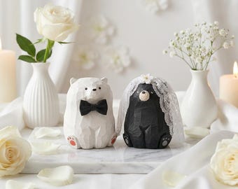 Hand Carved Wooden Bear Wedding Cake Topper, Rustic Forest Animals Bride Groom Figurine
