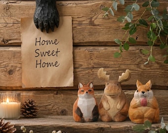 Chubby Wooden Animal Figurine, Fox Rabbit Bear Carving,Woodland Nursery Decor, Hand Carved Desk Companion, Rustic Forest Gift for father/mom