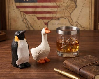 Hand Carved Wooden Duck Penguin Figurines, Rustic Animal Desk Decor, Solid Wood Ornament