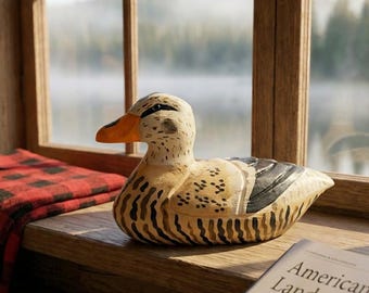 Hand-Carved Wooden Mallard Duck Decoy, Rustic Americana Decor, Solid Wood Bird Sculpture