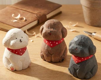 Hand Carved Wooden Dog Figurine, Poodle Bichon Desk Buddy, Eco-Wood Pet Memorial (6.5cm)