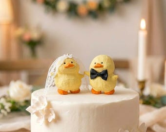 Whimsical Duck Wedding Cake Topper, Hand Carved Resin Bride Groom Figurine, Autumn Marriage Keepsake