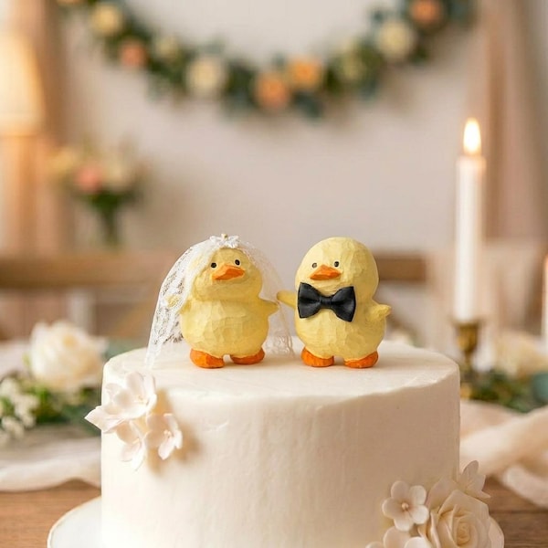 Whimsical Duck Wedding Cake Topper, Hand Carved Resin Bride Groom Figurine, Autumn Marriage Keepsake