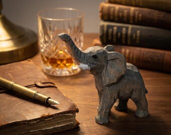 Hand Carved Wooden Elephant Figurine, Lucky Trunk Up Animal Statue, Father's Day Gift, Semiquincentennial/US 250th Anniversary Desk Decor