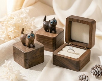 Personalized Engagement Proposal Ring Bearer Holder,Handmade Cat Ring Box,Sacred Kitten Carving Jewelry Case, Whimsical Wedding Gift for Her