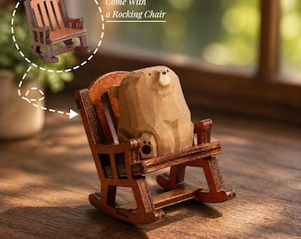 Figura de oso de madera tallada a mano en una mecedora en miniatura, decoración de escritorio, compañero zen.