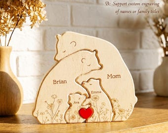 Custom Bear Family Puzzle, Personalized Wooden Name Engraved Gift, 2-9 Members Figurine, Grandparents Day Keepsake, Woodland Nursery Decor
