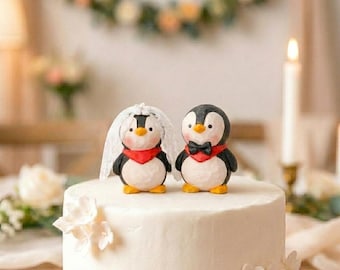Adorno de madera de pingüino para pastel de bodas, figura de pingüinos novios tallada a mano, regalo de aniversario personalizado, decoración rústica para bodas.
