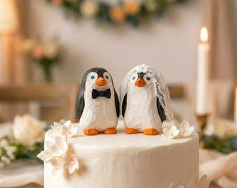 Penguin Wedding Cake Topper, Hand Carved Resin Bride Groom Figurine, Rustic Keepsake, Anniversary Gift