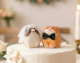 Hand-Carved Wooden Cat Wedding Cake Topper – Rustic Bride Groom Figurine (Keepsake)