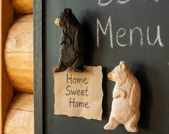 Handmade Wooden Bear Magnet, Carved Bear Fridge Magnet, Woodland Animal Cabin Decor, Rustic Forest Gift for Dad, Cute Refrigerator Magnet