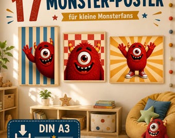 Kids' Room Poster Set | 17 Monster Kids' Posters | Kids' Room Wall Art | Printable Posters | Playroom Decor | DIN A3 Download