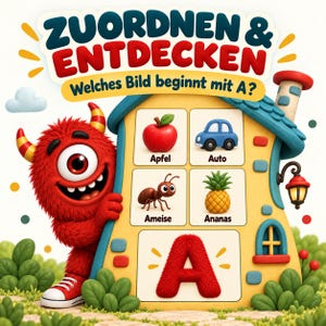 Könnte beinhalten: Ein rotes, felliges einäugiges Monster steht neben einer gelben, hausförmigen Tafel mit dem Text Zuordnen & Entdecken, Welches Bild beginnt mit A? Die Tafel zeigt Bilder von einem Apfel, Auto, einer Ameise, Ananas und einem großen roten Buchstaben A.
