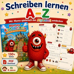 Może przedstawiać: Zestaw edukacyjny dla dzieci zawierający książkę Momos Alphabet-Reise, czerwoną jednooką postać potwora oraz arkusze ćwiczeń do nauki liter i słów. Materiały obejmują ponad 130 stron, plik PDF do pobrania i są przeznaczone dla dzieci od 4 roku życia.