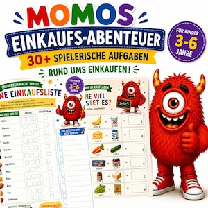 May include: A children's activity book titled MOMOS EINKAUFS-ABENTEUER featuring a red, one-eyed monster character. The pages include a shopping list with food items, maths problems with grocery prices, and colourful graphics for children aged 3-6.