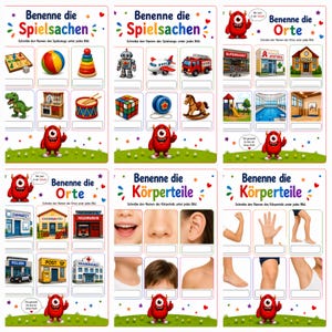 May include: A set of six educational worksheets featuring colorful illustrations of toys, places, and body parts. Each page includes a red monster character, blank lines for writing names, and German text headings like Benenne die Spielsachen and Orte.
