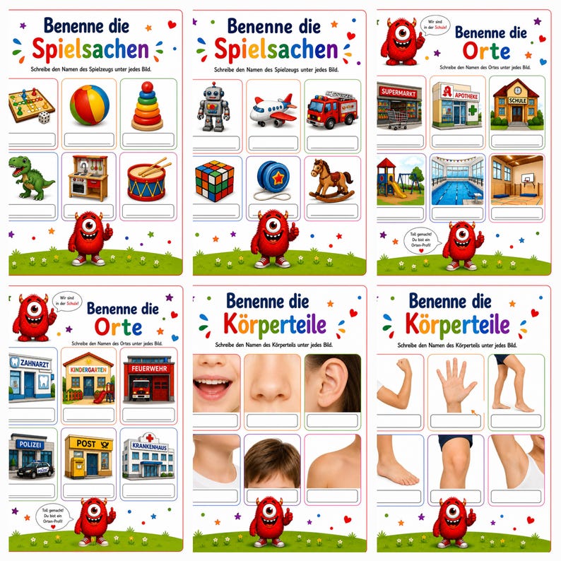 May include: A set of six educational worksheets featuring colorful illustrations of toys, places, and body parts. Each page includes a red monster character, blank lines for writing names, and German text headings like Benenne die Spielsachen and Orte.
