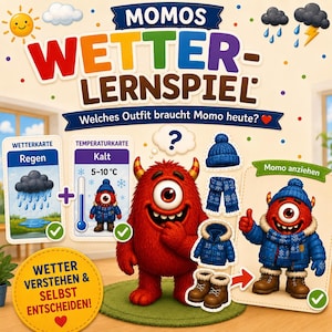 Puede incluir: Un juego educativo Momos Wetter-Lernspiel con un monstruo rojo de un solo ojo. El tablero muestra tarjetas meteorológicas, tarjetas de temperatura y prendas como un gorro, bufanda, chaqueta y botas azules para vestir al personaje.