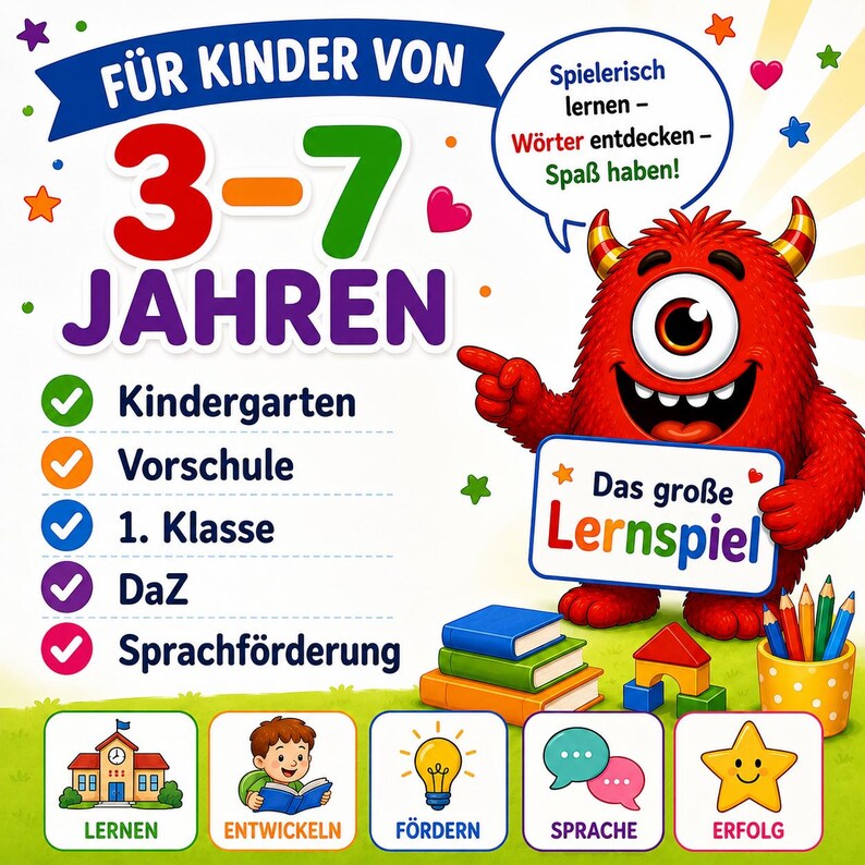 May include: A colorful educational graphic for children aged 3-7 featuring a red one-eyed monster holding a sign that reads Das gro&szlig;e Lernspiel. The image includes text in German, a stack of books, building blocks, and icons for learning.