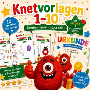 Op de afbeelding: Een set educatieve klei-werkbladen genummerd 1-10 met kleurrijke illustraties van cijfers, dieren en etenswaren. De set bevat een certificaat, een beloningssysteem met sterren en een rood harig monster als centraal figuur in het ontwerp.