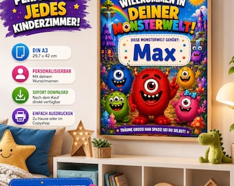Personalized Monster Poster for Kids' Room | Monster World with Custom Name | DIN A3 & A4 Print Template | Canva Template | Gift for Children