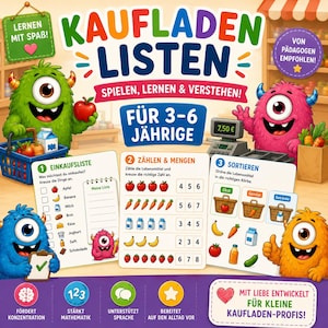 Könnte beinhalten: Ein farbenfrohes Lernheft mit dem Titel KAUFLADEN LISTEN, das Comic-Monster, Einkaufslisten, Zählübungen und Sortieraufgaben für Kinder enthält. Das Cover zeigt deutschen Text, Illustrationen von Lebensmitteln und Symbole für das Lernen.