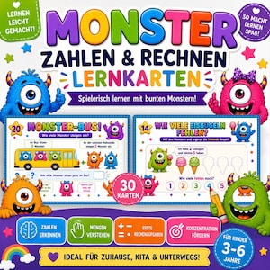 May include: A set of 30 educational flashcards titled Monster Zahlen & Rechnen Lernkarten featuring colorful cartoon monsters, math problems, and counting exercises for children. The cards display illustrations of buses, ice cream, and numbers.