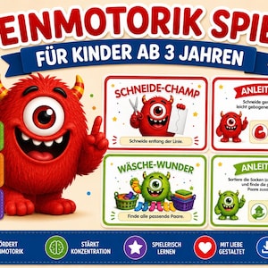 Könnte beinhalten: Ein Feinmotorik-Spiel für Kinder ab 3 Jahren mit einem roten einäugigen Monster-Maskottchen. Das Set enthält 33 Spielkarten, 5 Schwierigkeitsstufen und PDF-Downloads. Die Anleitungen zeigen Schneide- und Sortieraufgaben mit Monster-Grafiken.
