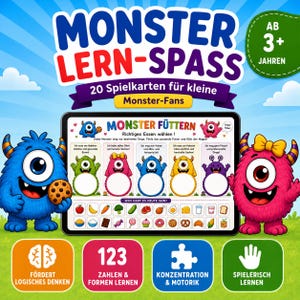 Op de afbeelding: Een kleurrijk educatief spel voor kinderen, met vriendelijke monsterkarakters. Het spel bevat een tabletachtig scherm met voedselkeuzes en de tekst "MONSTER LERN-SPASS". Het spel is ontworpen voor kinderen van 3 jaar en ouder, en bevordert leren en plezier.