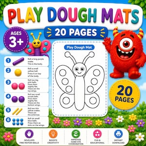 Play Dough Mats Printable PDF | 20 Playdough Templates | Fine Motor Skills | Montessori Preschool Activity | Instant Download