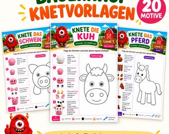 Play dough templates for children aged 3 and up | Farm-themed play dough templates | Fine motor skills exercises | Montessori activities | Farm animals | PDF printable template