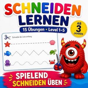 Può includere: Una scheda didattica intitolata SCHNEIDEN LERNEN con 15 esercizi per bambini dai 3 anni in su. Presenta un mostro rosso con un occhio solo che tiene in mano forbici blu, una scheda bianca con linee tratteggiate da tagliare e illustrazioni di animali marini.