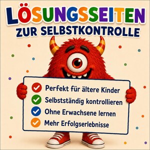 May include: A red, furry, one-eyed monster with horns and red sneakers holds a white sign. The text reads: L&Ouml;SUNGSSEITEN ZUR SELBSTKONTROLLE, Perfekt f&uuml;r &auml;ltere Kinder, Selbstst&auml;ndig kontrollieren, Ohne Erwachsene lernen, Mehr Erfolgserlebnisse.