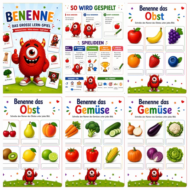 May include: A set of educational learning game sheets titled Benenne Das Grosse Lern-Spiel featuring a red one-eyed monster mascot. The pages include illustrated cards of fruits and vegetables with blank lines for writing names in German.