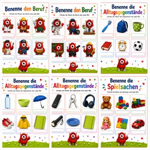 May include: A set of six educational worksheets featuring colorful illustrations of professions, everyday objects, and toys. Each page includes a grid of images with blank lines for writing, accompanied by a small red monster character at the bottom.
