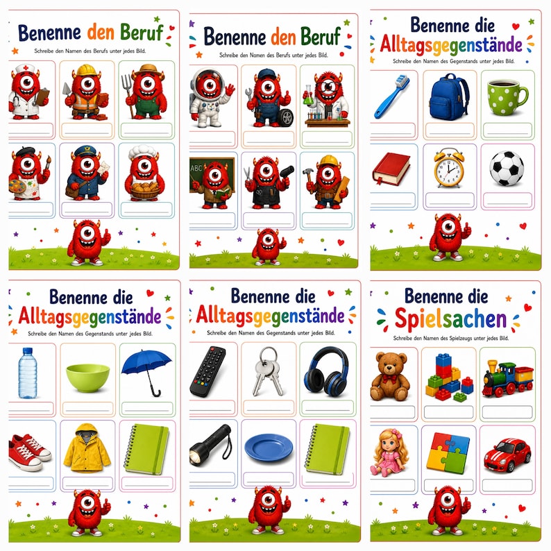 May include: A set of six educational worksheets featuring colorful illustrations of professions, everyday objects, and toys. Each page includes a grid of images with blank lines for writing, accompanied by a small red monster character at the bottom.