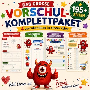 Pode incluir: Uma capa de livro educativo colorida intitulada DAS GROSSE VORSCHUL-KOMPLETTPAKET com um monstro vermelho peludo de um olho só. A capa mostra quatro seções de aprendizado: escrita A-Z, contagem 1-10, habilidades de tesoura e lista de compras.
