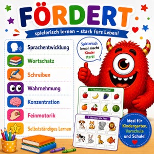 May include: A colorful educational poster titled F&Ouml;RDERT with a red one-eyed monster character. It features a list of developmental skills with icons, two activity cards showing fruit and animals, a cup of colored pencils, and stacked books.
